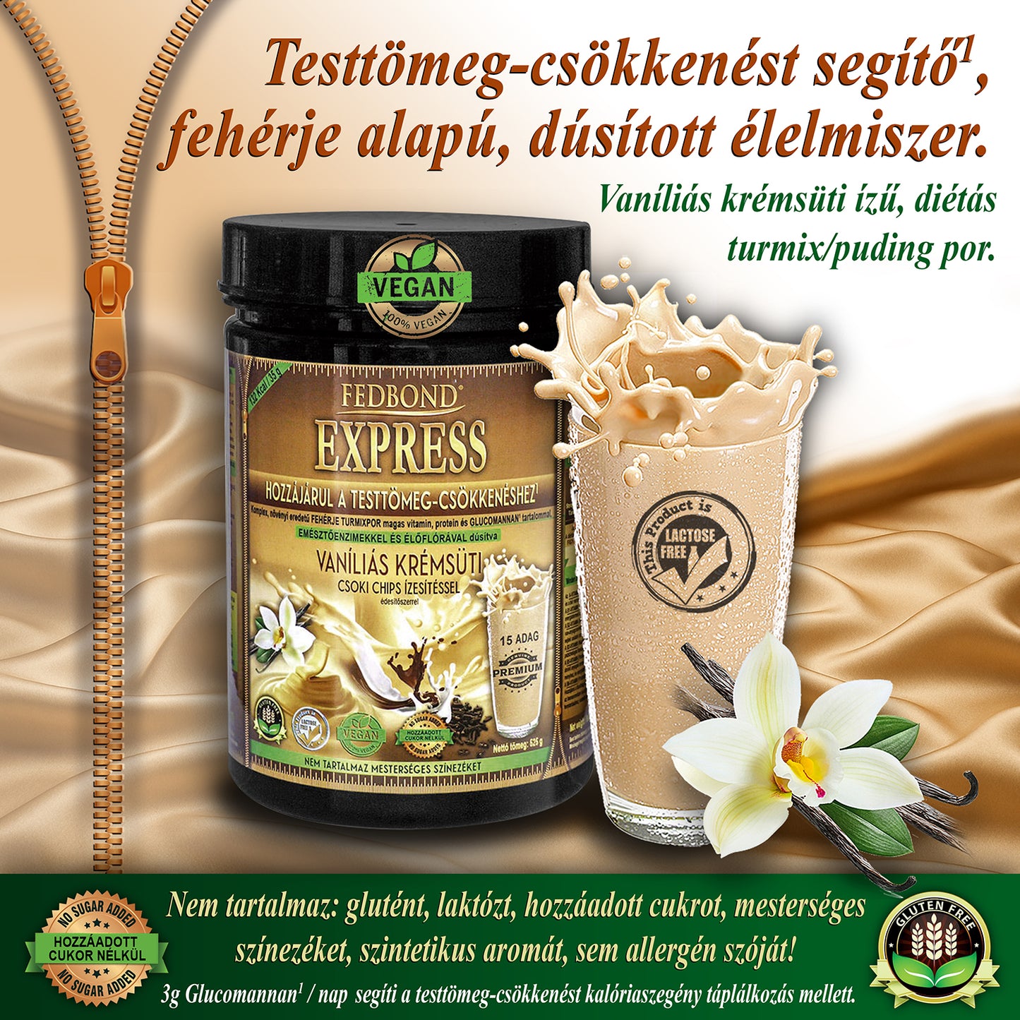 FEDBOND EXPRESS Súlycsökkentő vegán diétás fehérjeturmix / puding - Vaníliás krémsüti ízű