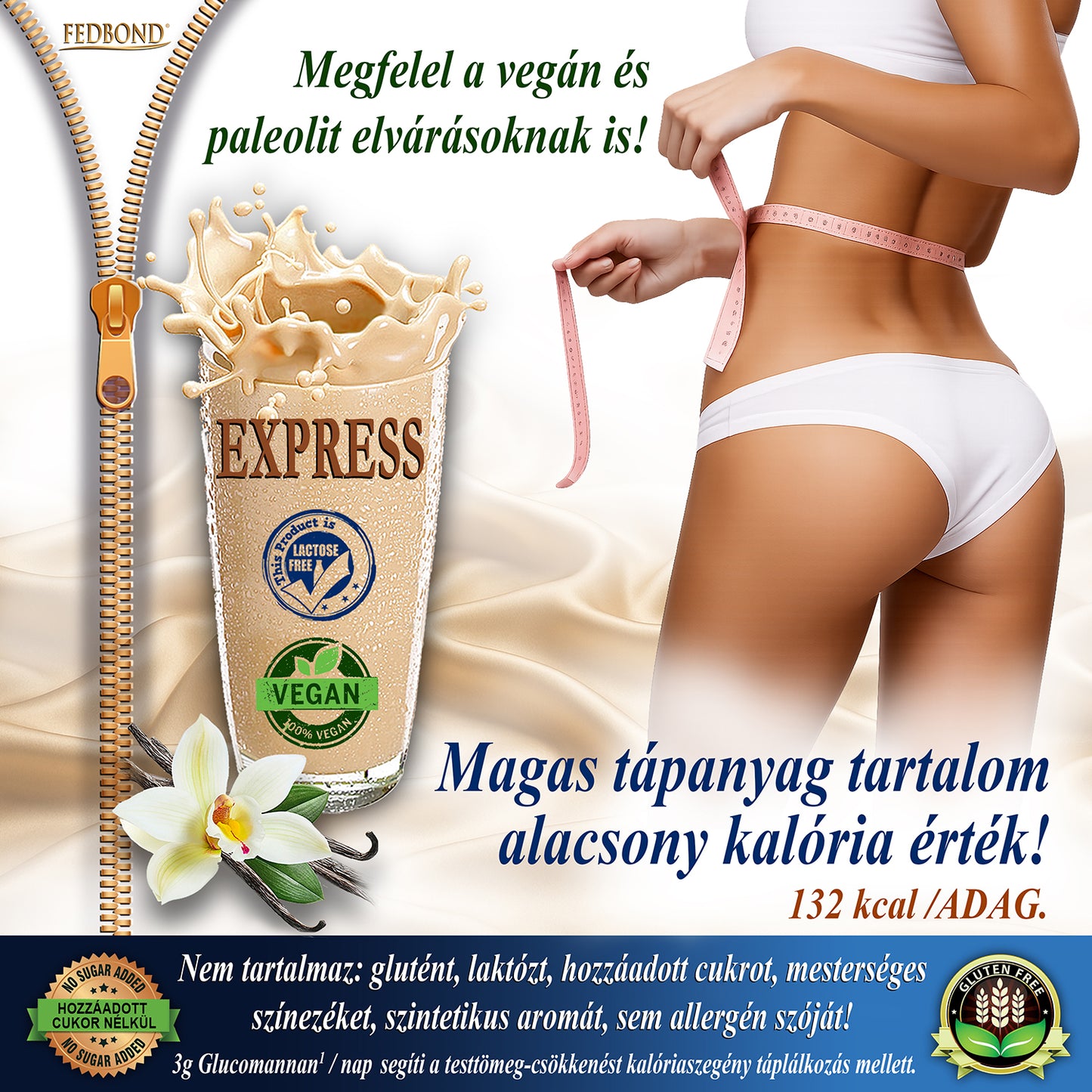 FEDBOND EXPRESS Súlycsökkentő vegán diétás fehérjeturmix / puding - Vaníliás krémsüti ízű