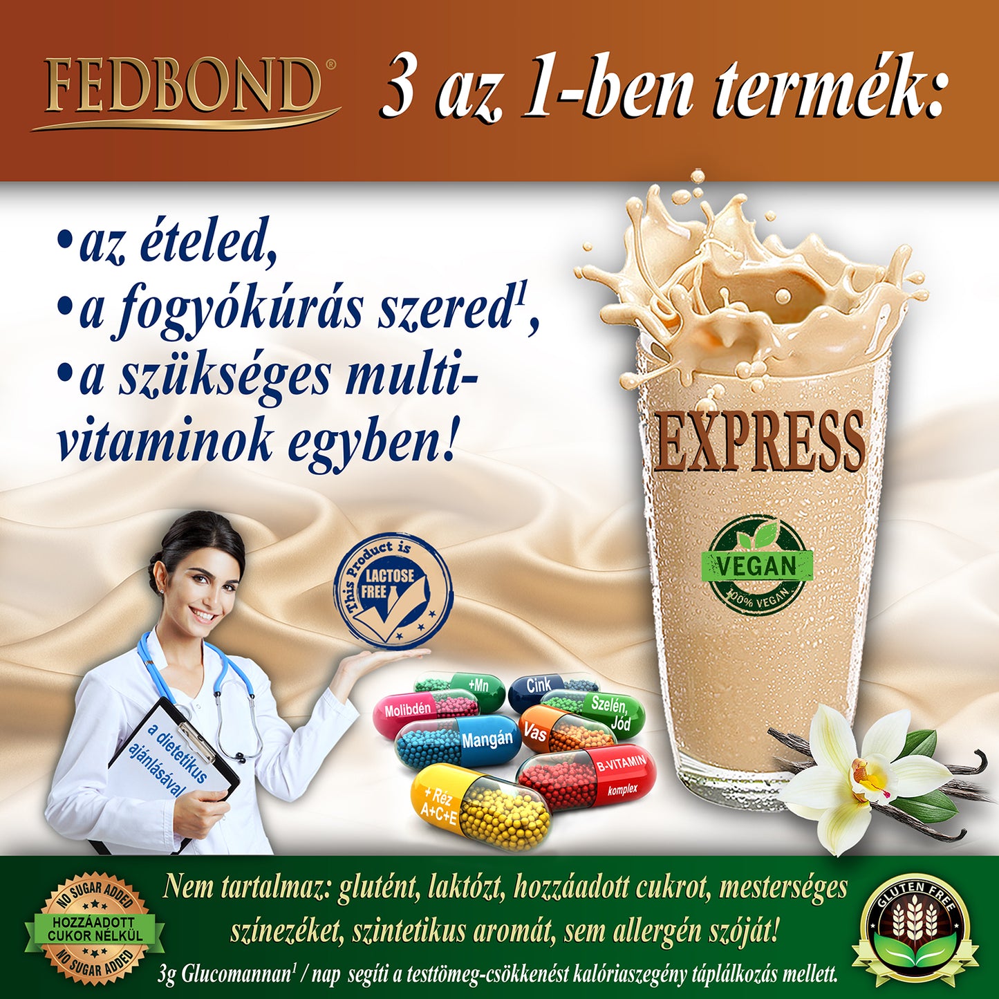 FEDBOND EXPRESS Súlycsökkentő vegán diétás fehérjeturmix / puding - Vaníliás krémsüti ízű